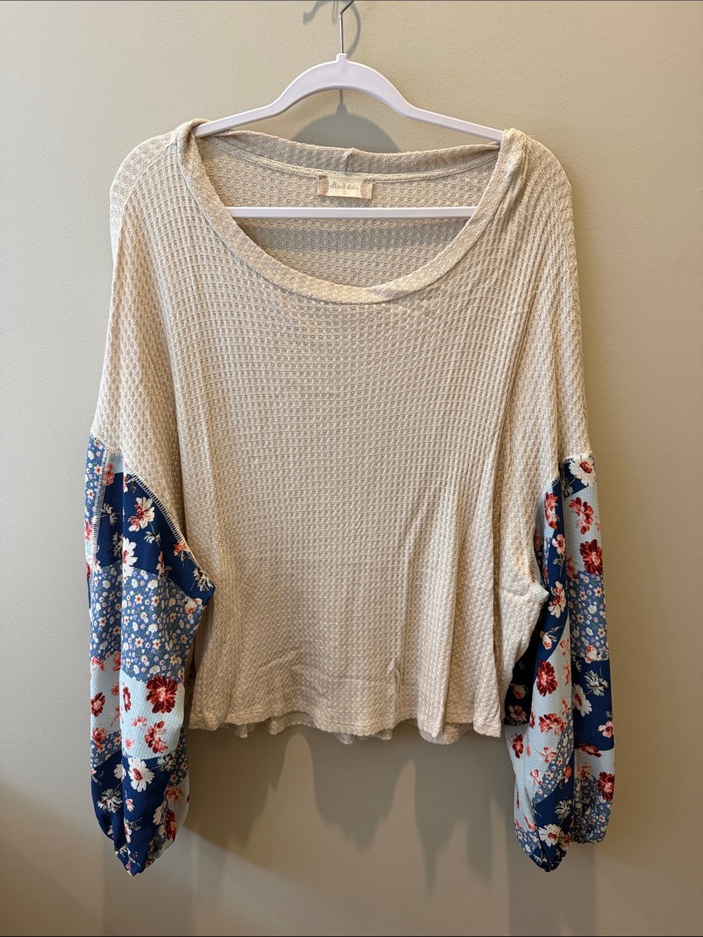 Altar'd State Waffle Knit Top with Floral Patchwork Balloon Sleeves, Size S